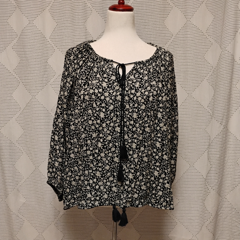 Denim & Supply Ralph Lauren RL BOHO Black Cream Floral Women's Top Size XL Flowy